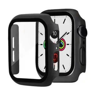 Пластмасов протектор 2 в 1 със закалено стъкло за Apple Watch Series 7 45mm, Черен