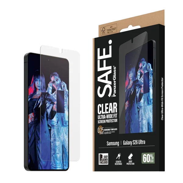 Стъклен Протектор SAFE Ultra-Wide Fit за Samsung Galaxy S26 Ultra, прозрачен 3