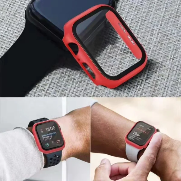 Пластмасов протектор 2 в 1 със закалено стъкло за Apple Watch Series 7 45mm, Червен 6