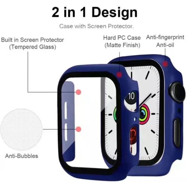 2 in 1 Plastic Protector with Tempered Glass for Apple Watch Series 7 45mm, Dark Blue 2
