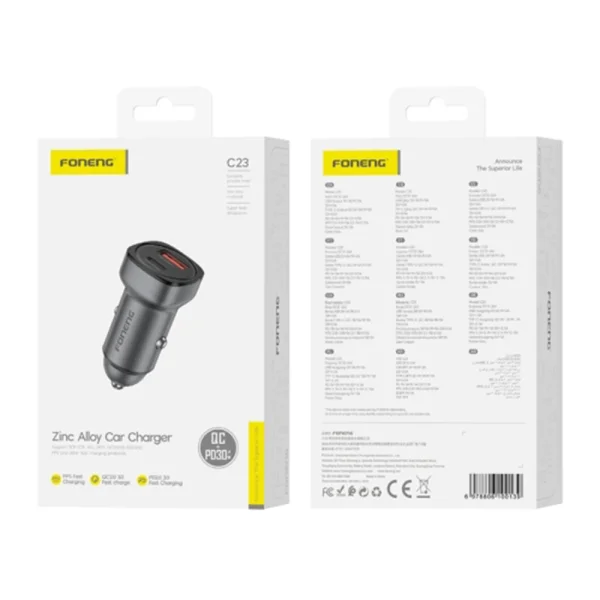 Зарядно за кола Foneng C23, 12V, PD, 30W, 1xUSB-C + 1xUSB, QC3.0, сив 2