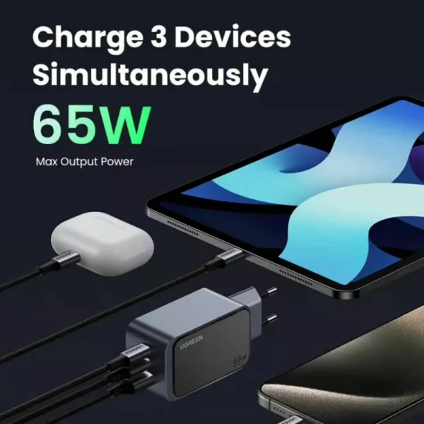 Зарядно Ugreen X553 Nexode Air, 220V, 2xUSB-C,1xUSB A, GaN, 65W, тъмносив 3