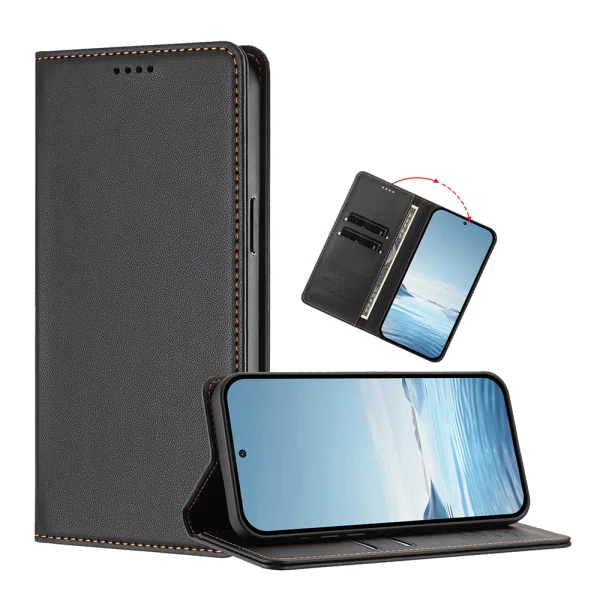 Калъф тефтер Leather Wallet Stand за Motorola Edge 70 Fusion+ 5G / Edge 70 Fusion 5G, черен 2