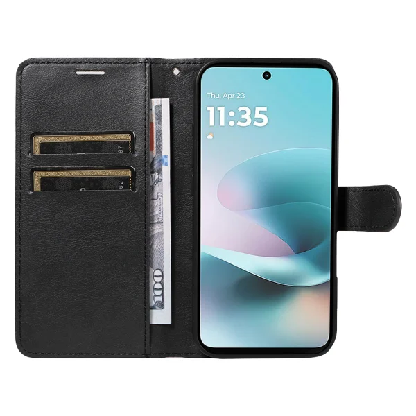 Калъф тефтер Leather Wallet Stand за Motorola Moto G57 Power 5G/ G67 Power 5G, черен 5