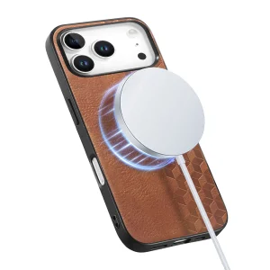 Калъф MagSF Grid Pattern PU Leather + PC за Iphone 18 Pro, кафяв 3