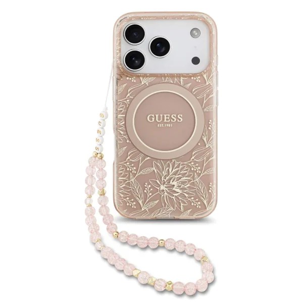 Калъф Guess IML Flowers Allover Strap MagSafe Case за iPhone 18 Pro, розов 1