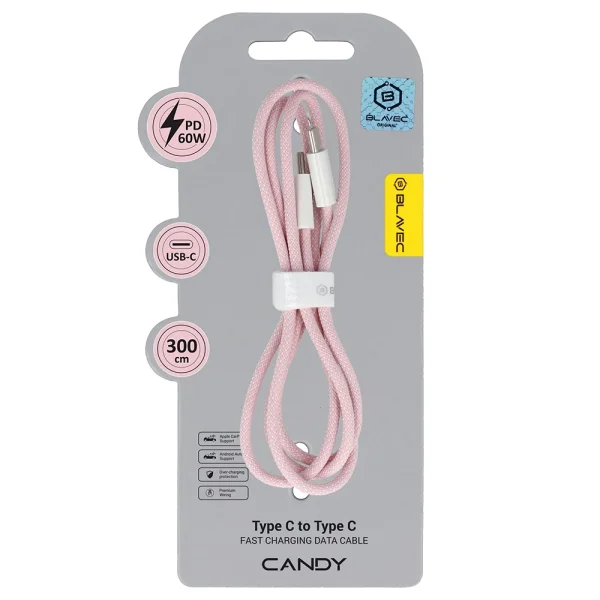 USB Cable Blavec Candy, Type-C, PD, 60W, 3A, 3m, Apple CarPlay/Android Auto (CCA-CC3P30), pink 4
