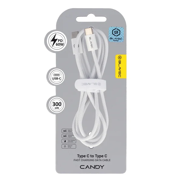 USB Cable Blavec Candy Type-C, PD, 60W, 3A, 3m, Apple CarPlay/Android Auto (CCA-CC3W30), white 4
