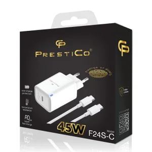 220V Charger Prestico F24S, USB-C, 45W + C2C, PD, GaN, white 3