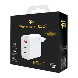 Зарядно 220V Prestico F29, 1xUSB-QCx2PD, 65W, GaN, бял 4
