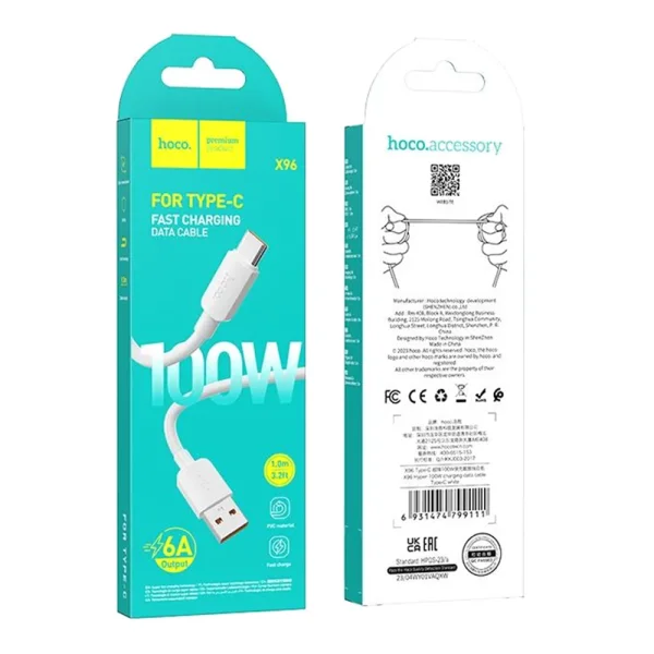 Кабел Hoco X96, USB-A към USB-C, PD, 6A, 100W, 1m, бял 4