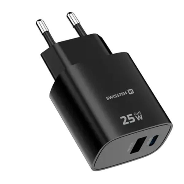Зарядно Swissten EDGE, GaN, 1xUSB-C, PD, 25W + 1xUSB-A, 18W, QC, черен 2