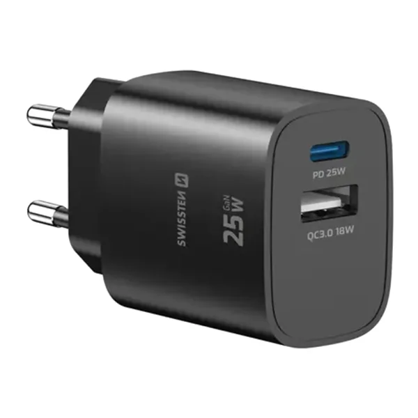 Зарядно Swissten EDGE, GaN, 1xUSB-C, PD, 25W + 1xUSB-A, 18W, QC, черен 1