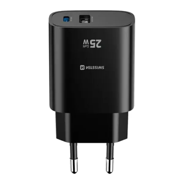 Зарядно Swissten EDGE, GaN, 1xUSB-C, PD, 25W + 1xUSB-A, 18W, QC, черен 3