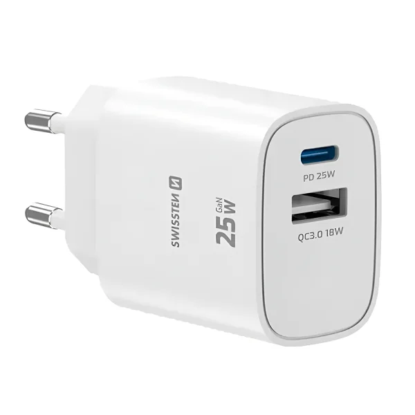 Зарядно Swissten EDGE, GaN, 1xUSB-C, PD, 25W + 1xUSB-A, 18W, QC, бял 1