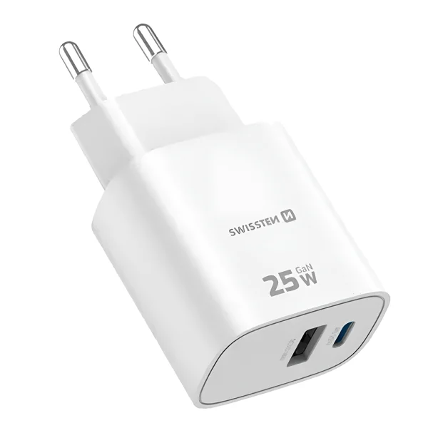 Зарядно Swissten EDGE, GaN, 1xUSB-C, PD, 25W + 1xUSB-A, 18W, QC, бял 2