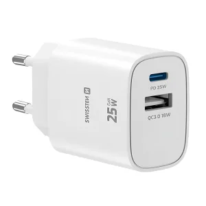 Зарядно Swissten EDGE, GaN, 1xUSB-C, PD, 25W + 1xUSB-A, 18W, QC, бял