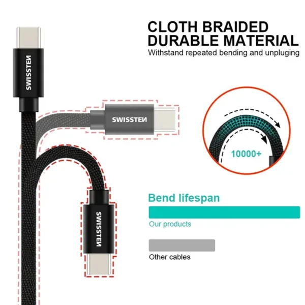 USB Cable Swissten Textile, USB-C / USB-C, 0.2 M, black 3