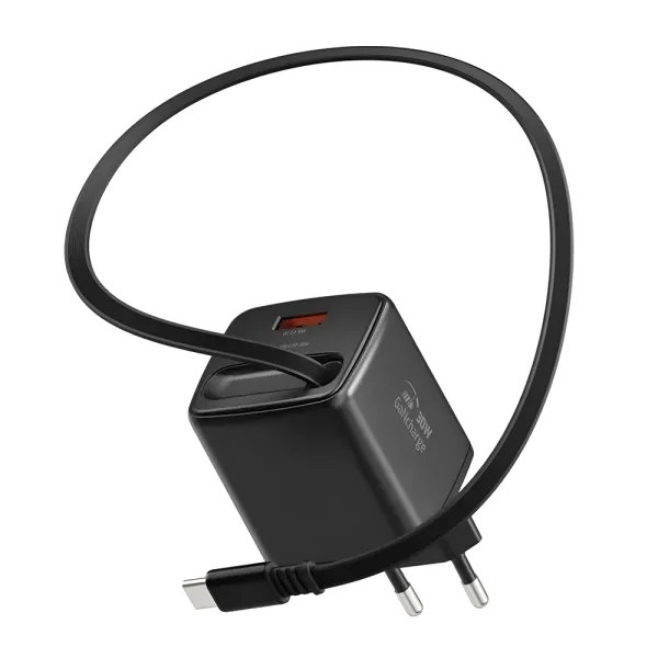 Зарядно Swissten Slide, GaN, 30W 1×USB-A, 18W, Retractable, USB-C, 0.75m, черен 3