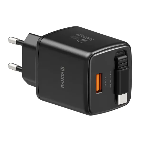 Зарядно Swissten Slide, GaN, 30W 1×USB-A, 18W, Retractable, USB-C, 0.75m, черен 2