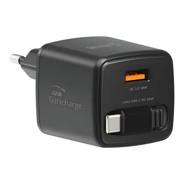 Зарядно Swissten Slide, GaN, 30W 1×USB-A, 18W, Retractable, USB-C, 0.75m, черен 1