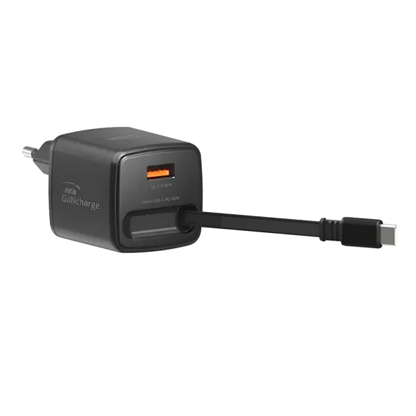 Зарядно Swissten Slide, GaN, 30W 1×USB-A, 18W, Retractable, USB-C, 0.75m, черен 4