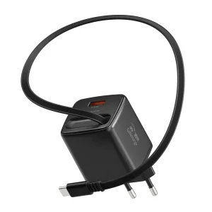 Зарядно Swissten Slide, GaN, 30W 1×USB-A, 18W, Retractable, USB-C, 0.75m, черен 3
