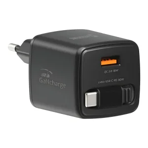 Зарядно Swissten Slide, GaN, 30W 1×USB-A, 18W, Retractable, USB-C, 0.75m, черен