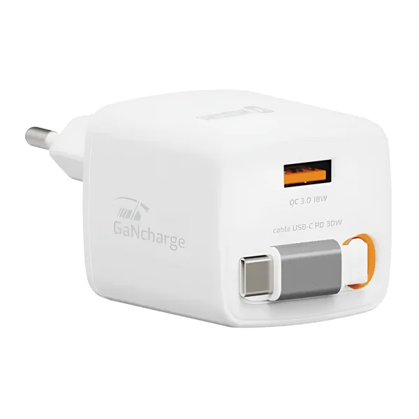 Зарядно Swissten Slide, GaN, 30W, 1×USB-A, 18W, Retractable, USB-C, 0.75m, бял 1