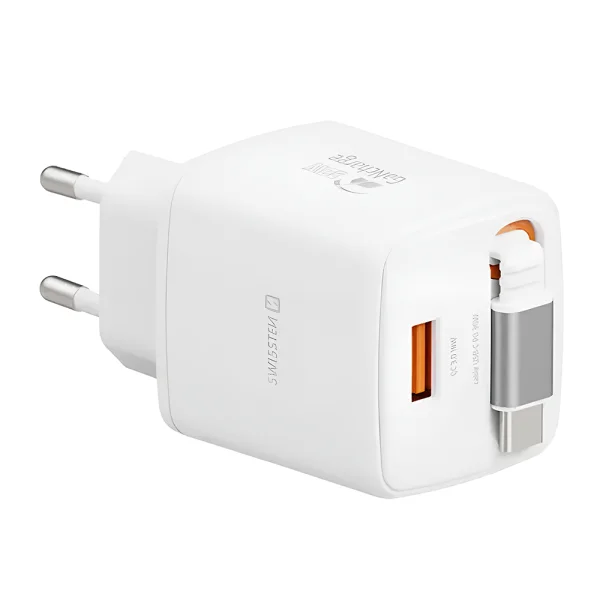 Зарядно Swissten Slide, GaN, 30W, 1×USB-A, 18W, Retractable, USB-C, 0.75m, бял 2