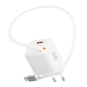 Зарядно Swissten Slide, GaN, 30W, 1×USB-A, 18W, Retractable, USB-C, 0.75m, бял 4
