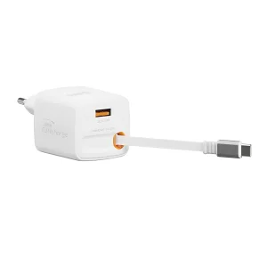 Зарядно Swissten Slide, GaN, 30W, 1×USB-A, 18W, Retractable, USB-C, 0.75m, бял 3
