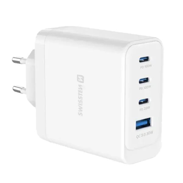 Зарядно Swissten Core, GaN, 2xUSB-C, PD, 100W + 1xUSB-C, PD, 20W + 1x USB-A, QC, 30W, QC, бял 1