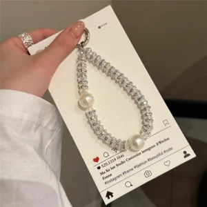 Universal phone strap Chain Crystal Rhinestone Pearl Lanyard, 11cm, white 6