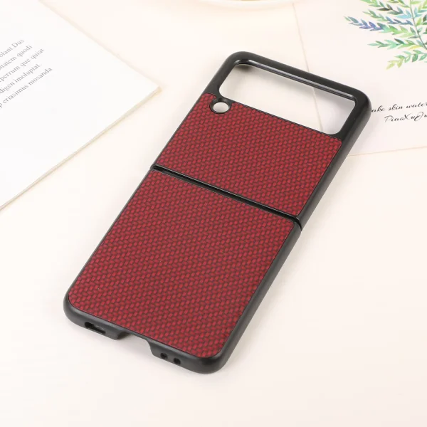 Удароустойчив калъф Leather Carbon Fiber за Samsung Galaxy Z Flip 3, Червен 3