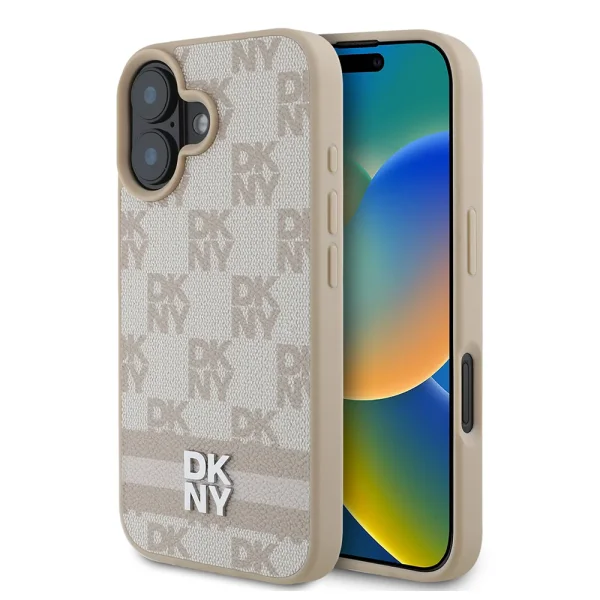 Калъф DKNY PU Leather Checkered Pattern and Stripe Case за iPhone 16, розов 1