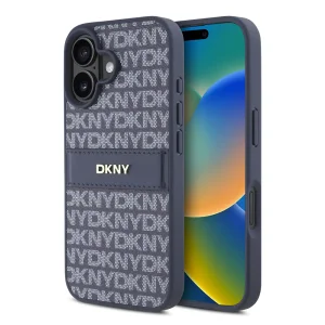 Калъф DKNY PU Leather Repeat Pattern Tonal Stripe Case за iPhone 16, син
