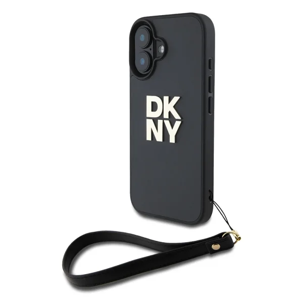 DKNY PU Leather Stack Logo Wrist Strap Case for iPhone 16, black 2