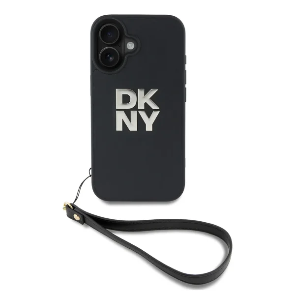DKNY PU Leather Stack Logo Wrist Strap Case for iPhone 16, black 1