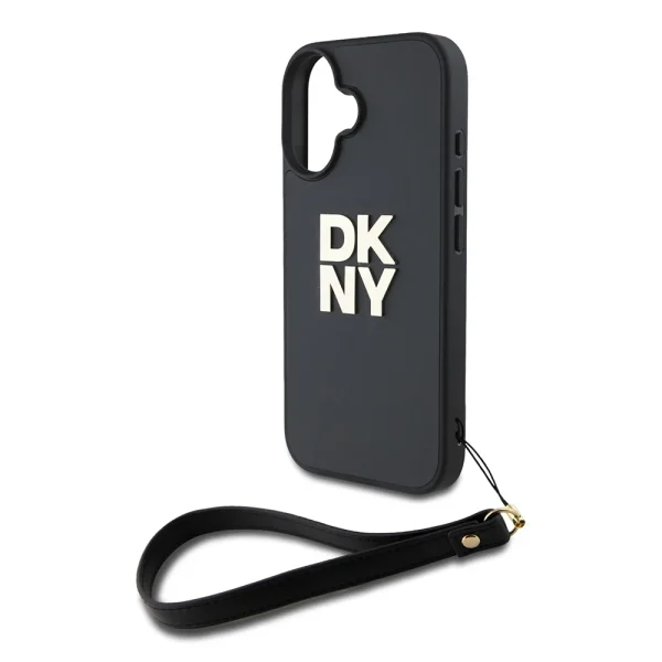 DKNY PU Leather Stack Logo Wrist Strap Case for iPhone 16, black 3