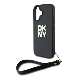 DKNY PU Leather Stack Logo Wrist Strap Case for iPhone 16, black 3
