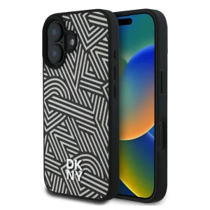 Калъф DKNY PU Leather Crosswalk Pattern, съвместим с Magsafe Case за iPhone 16, черно-бял