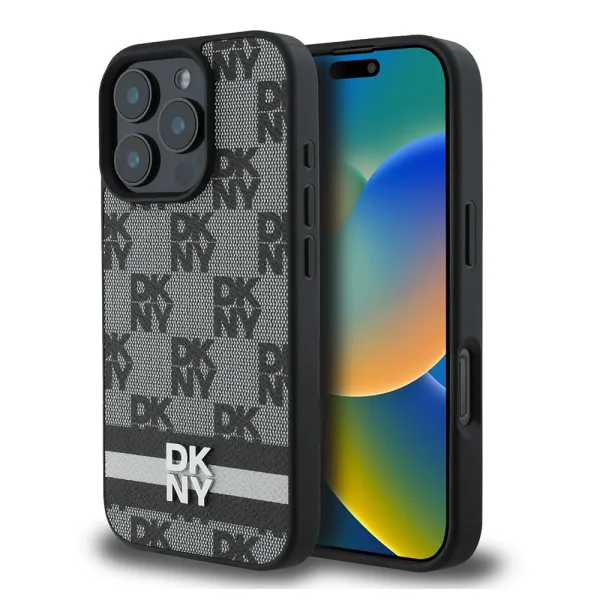 Калъф DKNY PU Leather Checkered Pattern and Stripe Case за iPhone 16 Pro, черен 1