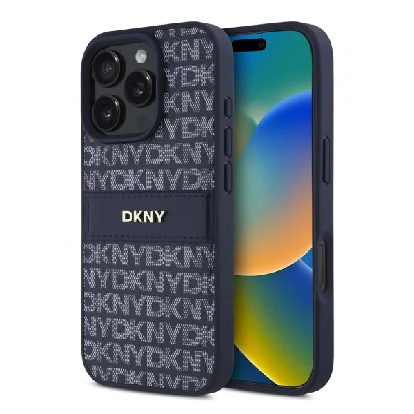 Калъф DKNY PU Leather Repeat Pattern Tonal Stripe Case за iPhone 16 Pro, син 1