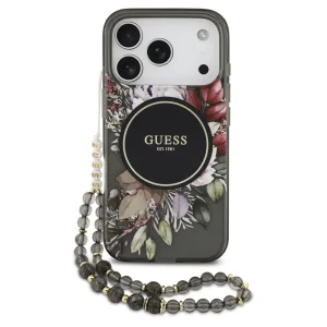 Калъф Guess IML Flowers Strap, съвместим с Magsafe за iPhone 18 Pro, черен