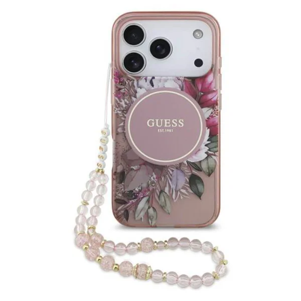 Калъф Guess IML Flowers Strap, съвместим с MagSafe за iPhone 17 Prо / iPhone 18 Pro, розов 1