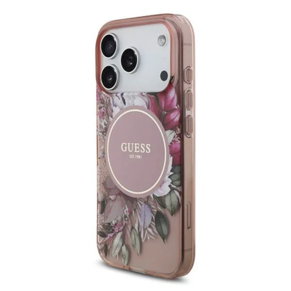 Калъф Guess IML Flowers Strap, съвместим с MagSafe за iPhone 17 Prо / iPhone 18 Pro, розов 2
