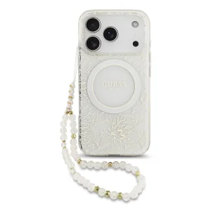 Калъф Guess IML Flowers Allover Strap, съвместим с Magsafe за iPhone 18 Pro Max, бял