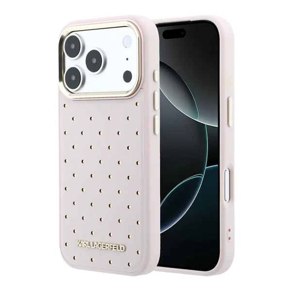 Karl Lagerfeld PU Perforated Gold Dots Case, Magsafe Compatible for iPhone 18 Pro, pink 1