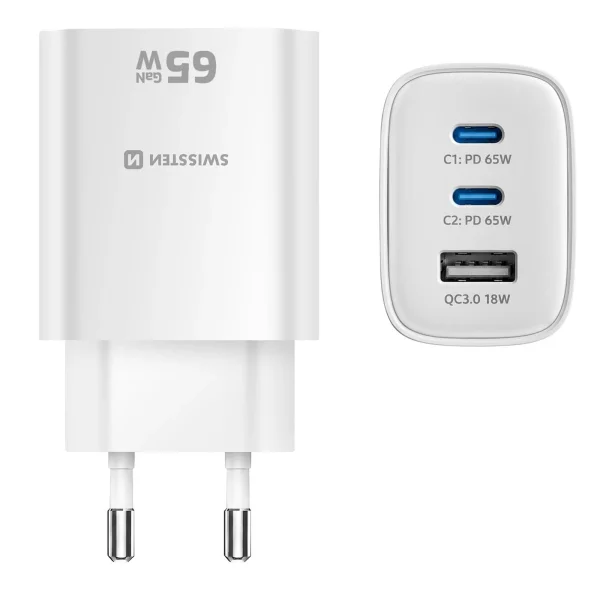 Зарядно Swissten Edge GaN, 2x USB-C, PD, 65W + 1x USB-A, 18W, QC, бял 3